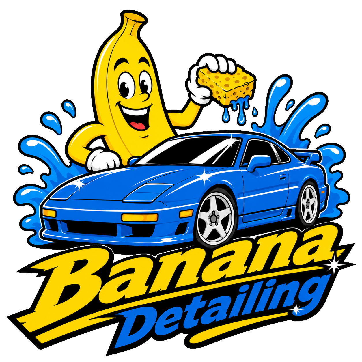 Banana Detailing — banana mascot washing a car logo